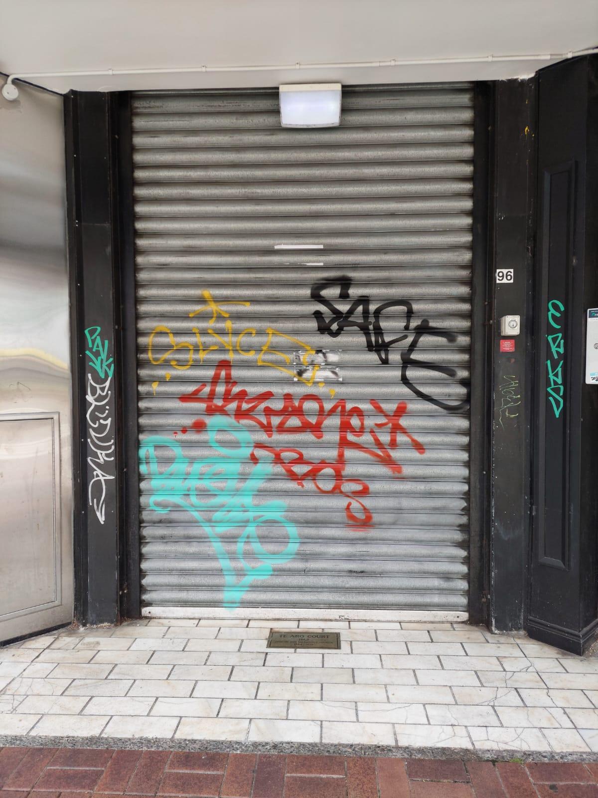 Shop roller door with graffiti before cleaning