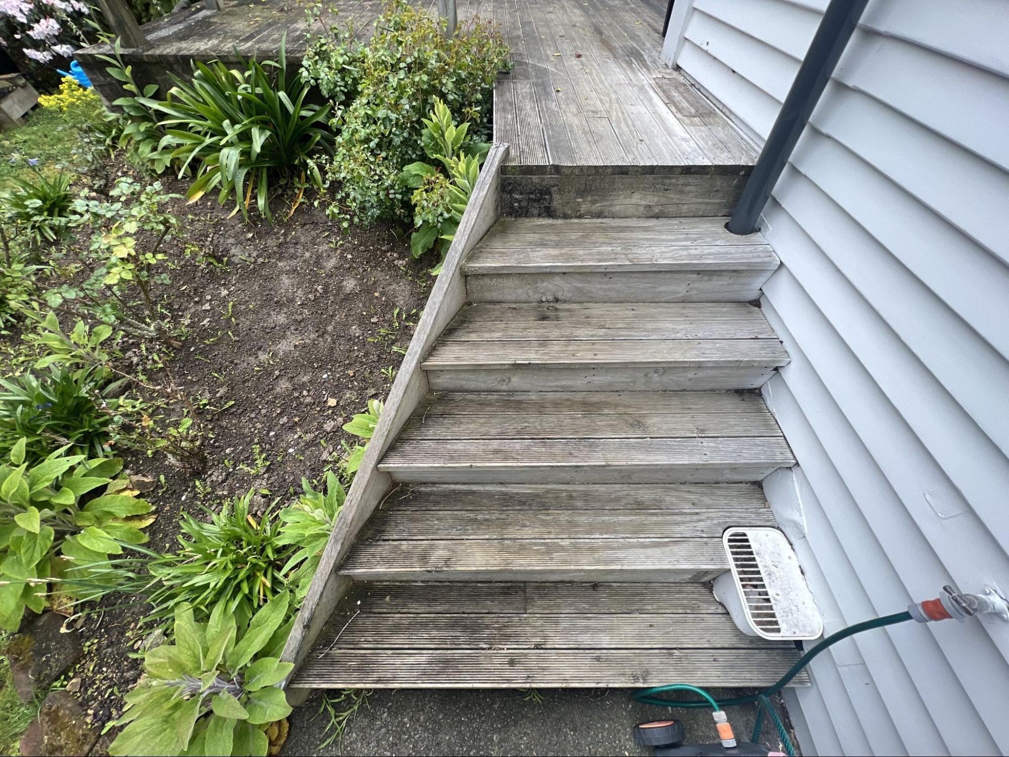 Garden wooden stairs before and after cleaning